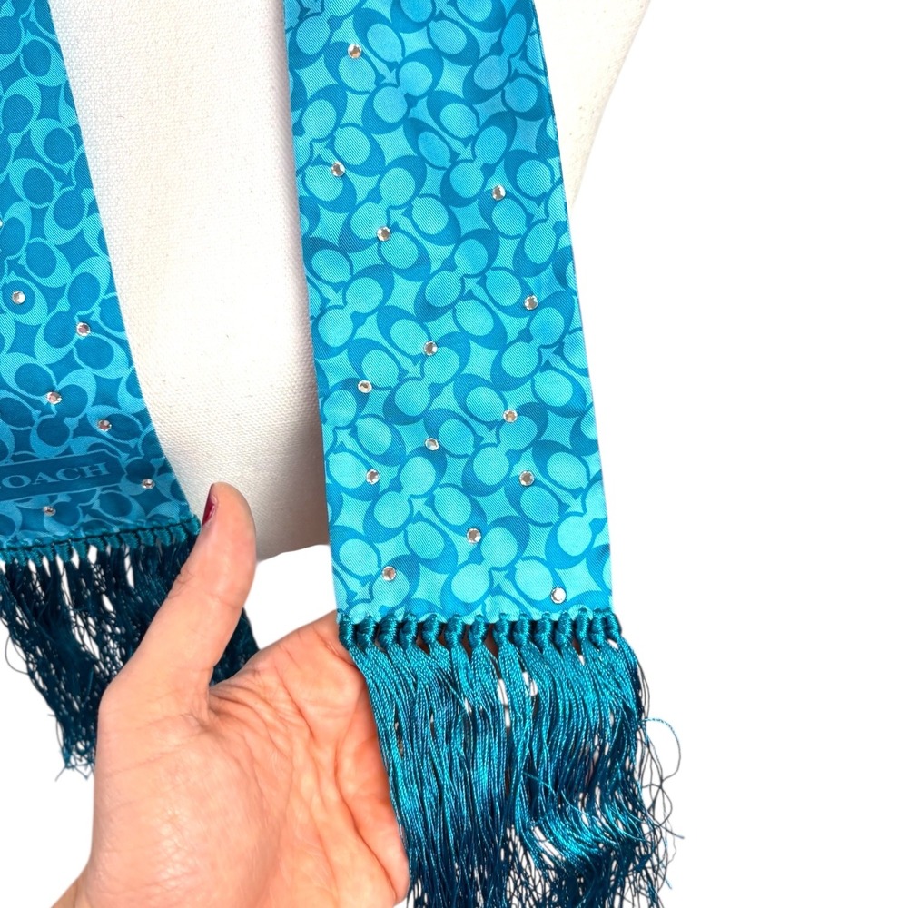 Coach Y2K NWT Silk Scarf Teal Signature Print Rhinestones Fringed - Picture 4 of 8